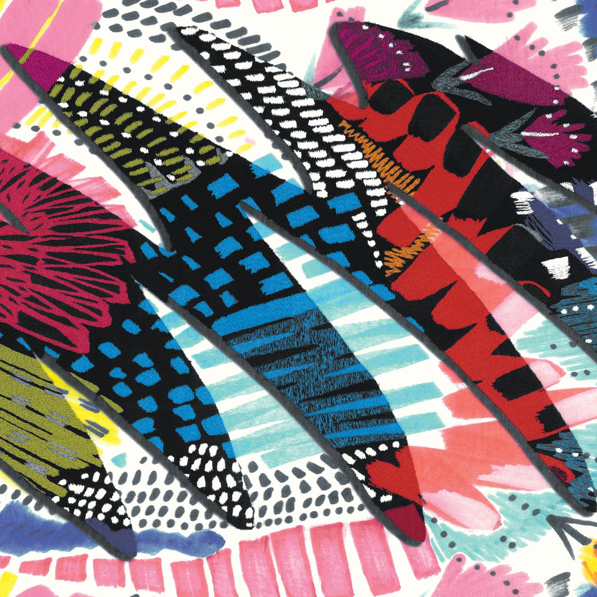 Farmers' market bag fabric close-up with bold abstract stripes and shapes