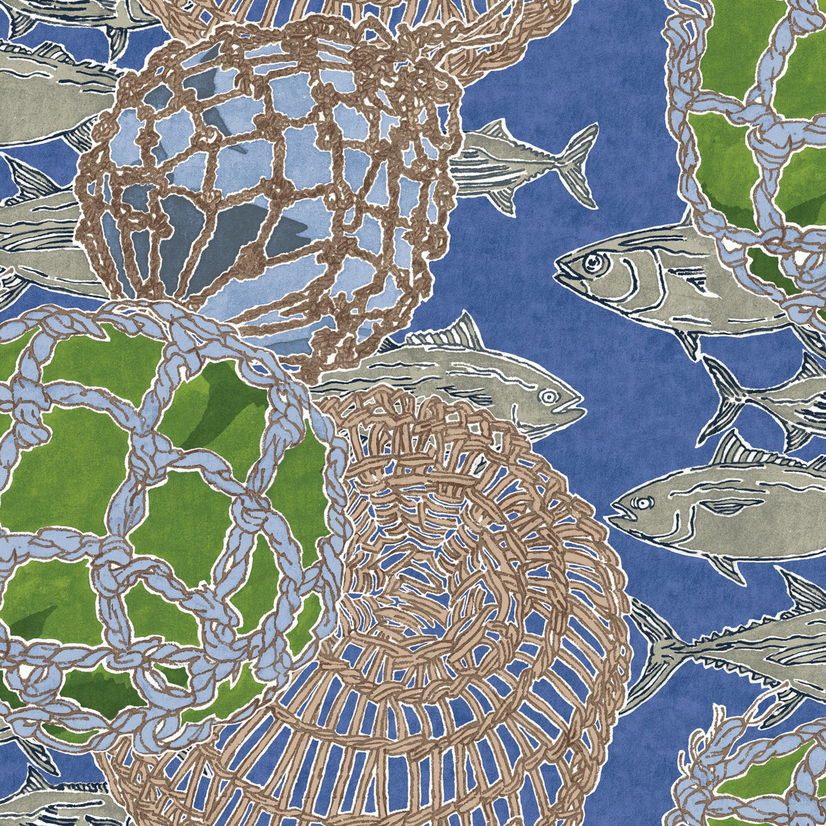 Tote bag fabric closeup showing blue fish and green rope float pattern