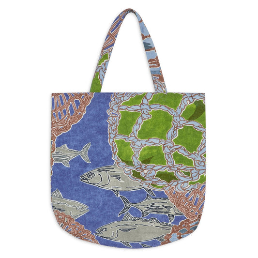 Blue canvas tote bag with long handles; fishing floats print with fish and rope