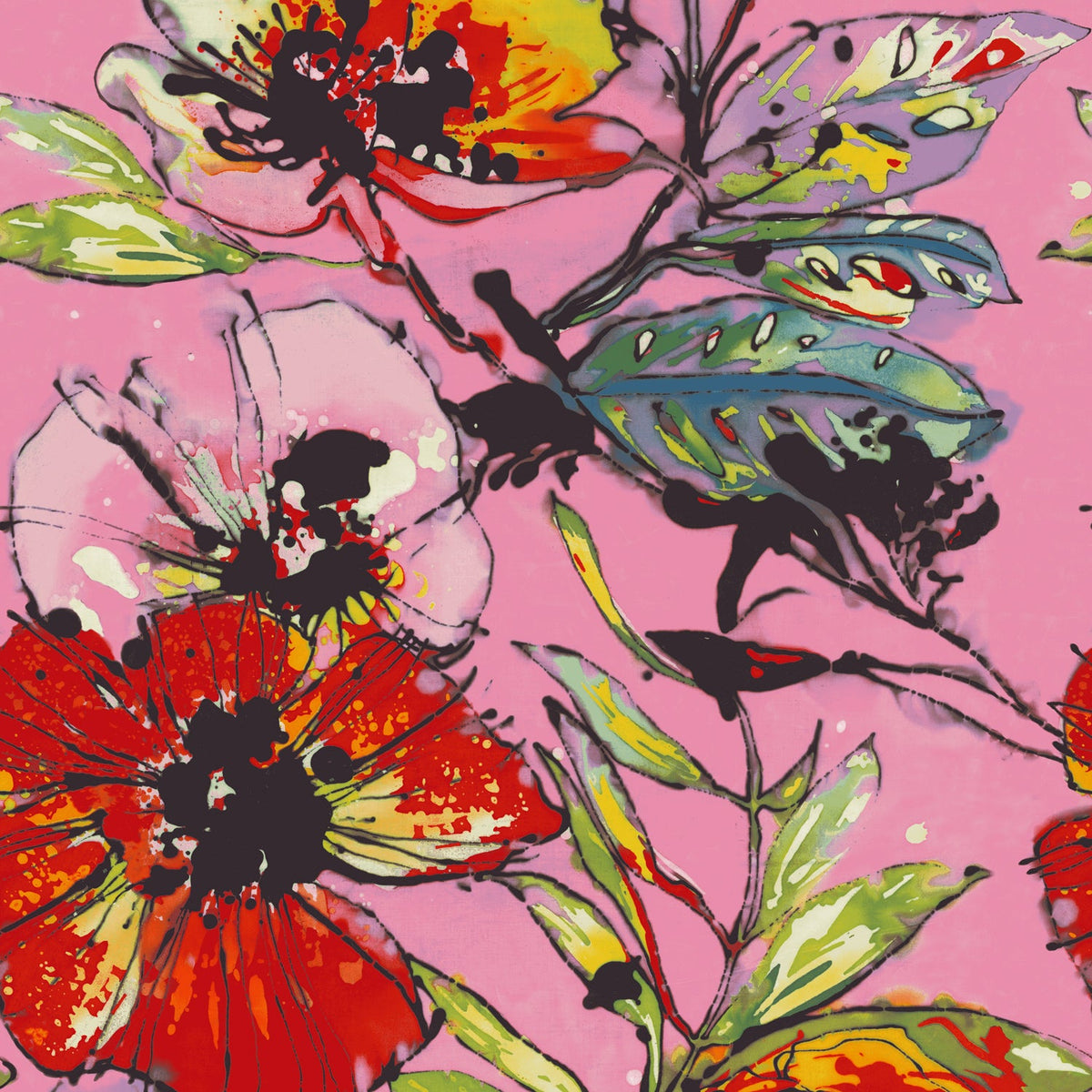 Close-up floral tote bag fabric print in pink, orange, green with dark outlines