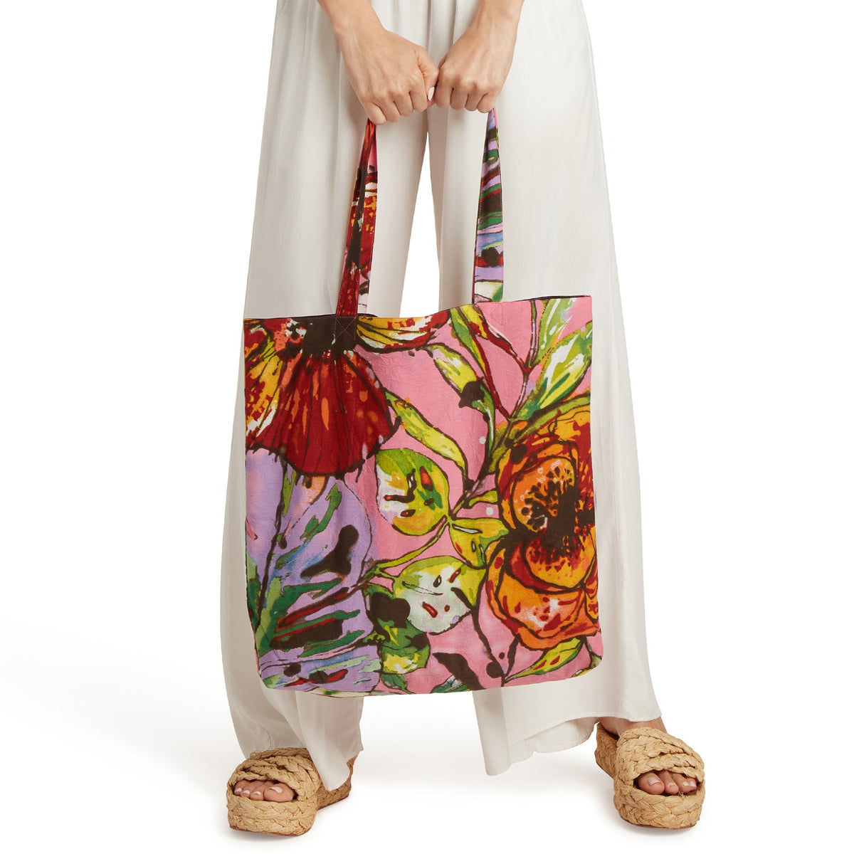 Floral farmers market tote bag with pink, orange, green artwork and short handles