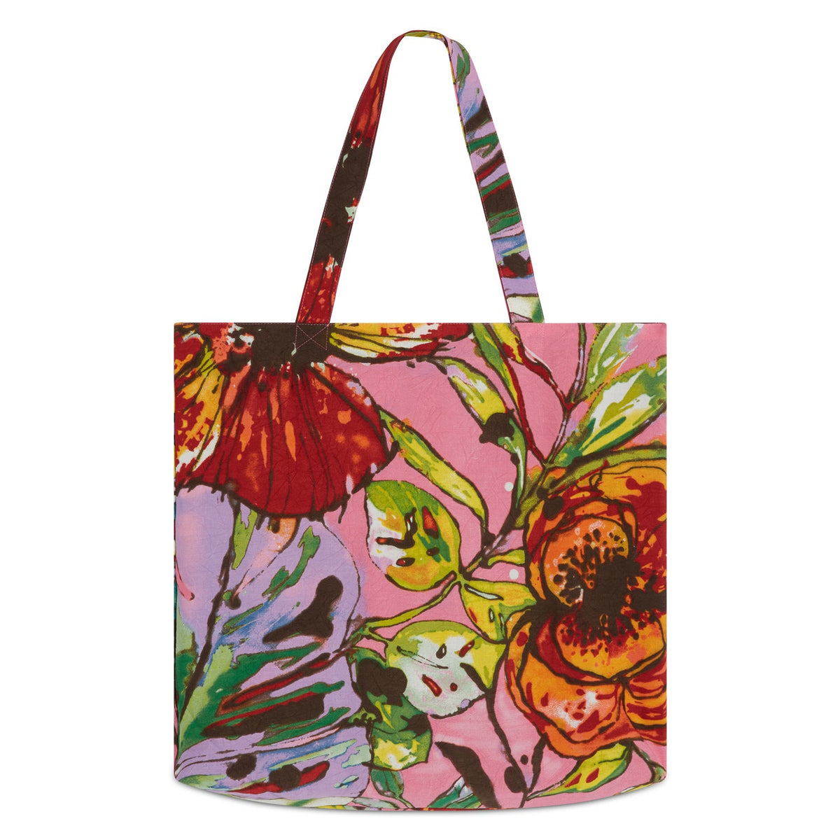 Multicolor floral tote bag with pink background and short rope-style handles