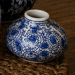 Blue-and-white ceramic vase with intricate pattern, close-up