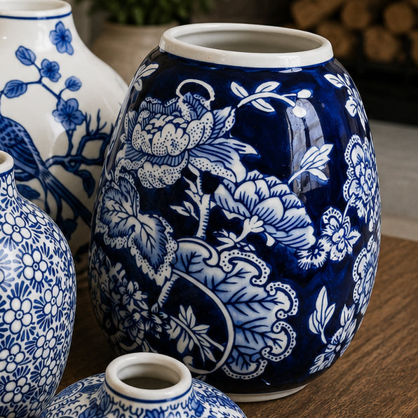 Dark blue ceramic vase with white floral and bird patterns, close-up