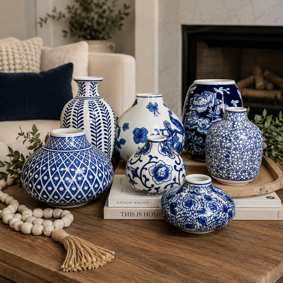 Collection of blue and white ceramic vases with different motifs on a round tray