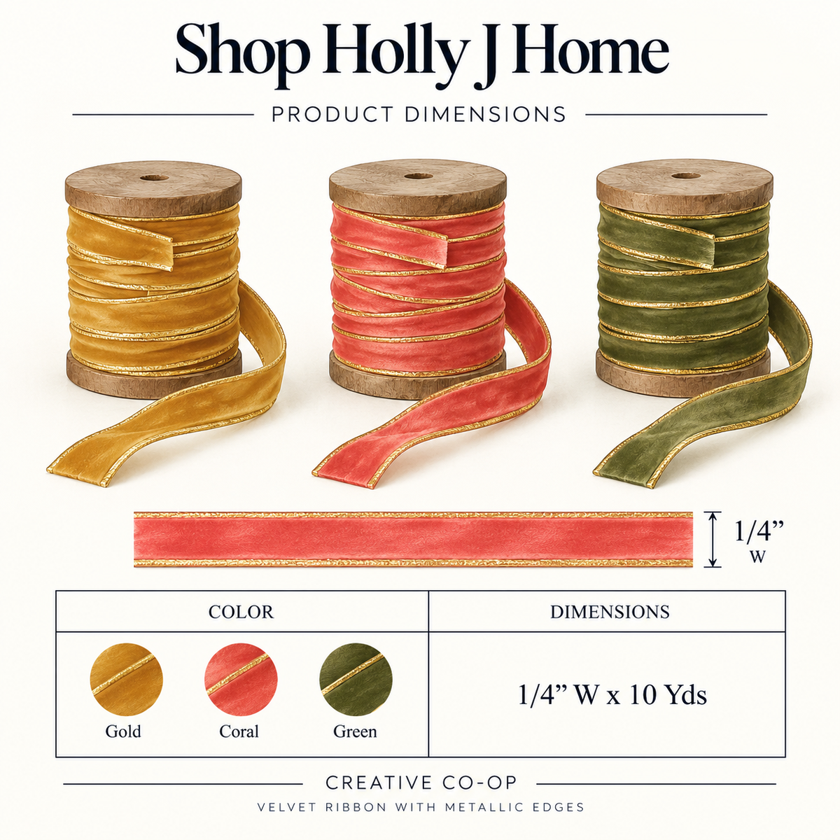 Velvet ribbon with metallic edge: gold, coral, and green on wooden spools