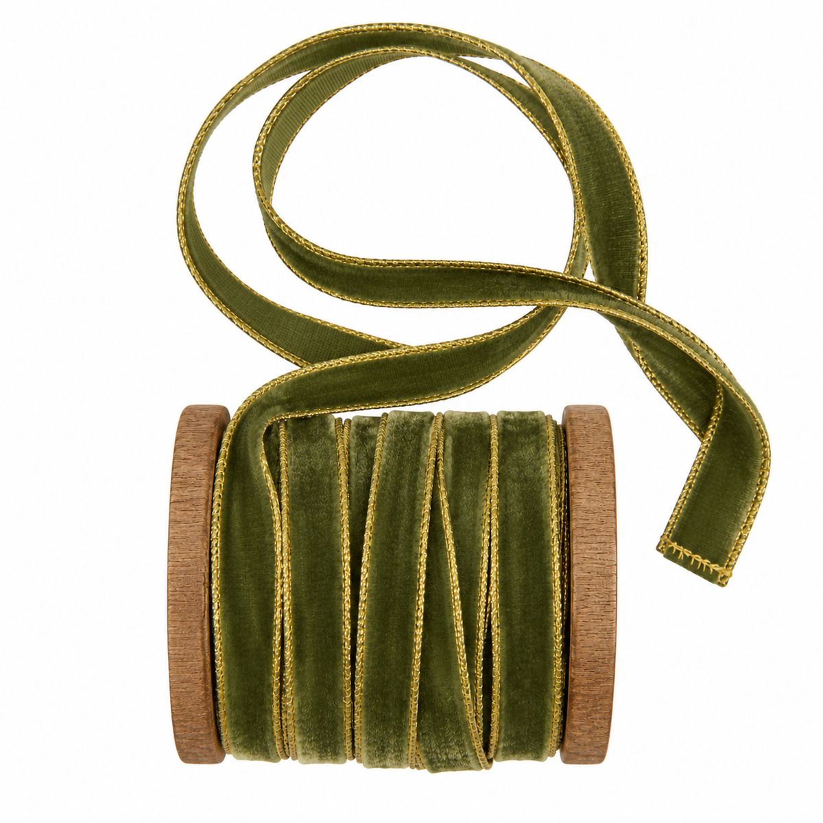Green velvet ribbon with metallic edge, neatly wound on a wooden spool