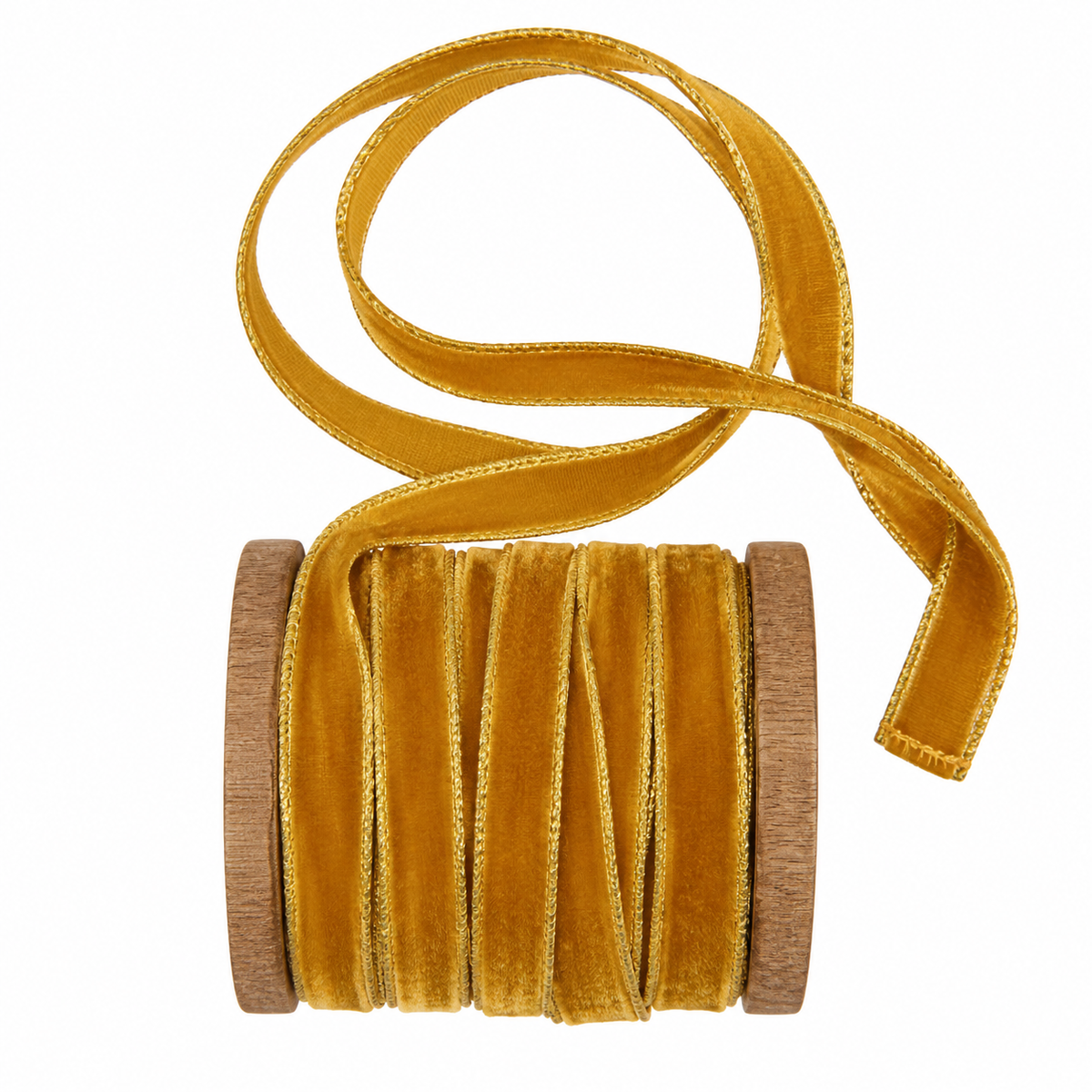 Gold velvet ribbon with metallic edge, tightly wound on a wooden spool