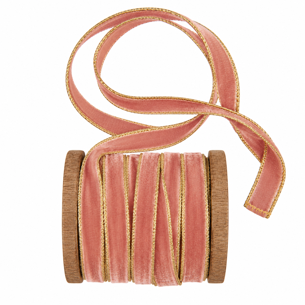 Coral pink velvet ribbon with metallic edge, wound on a wooden spool