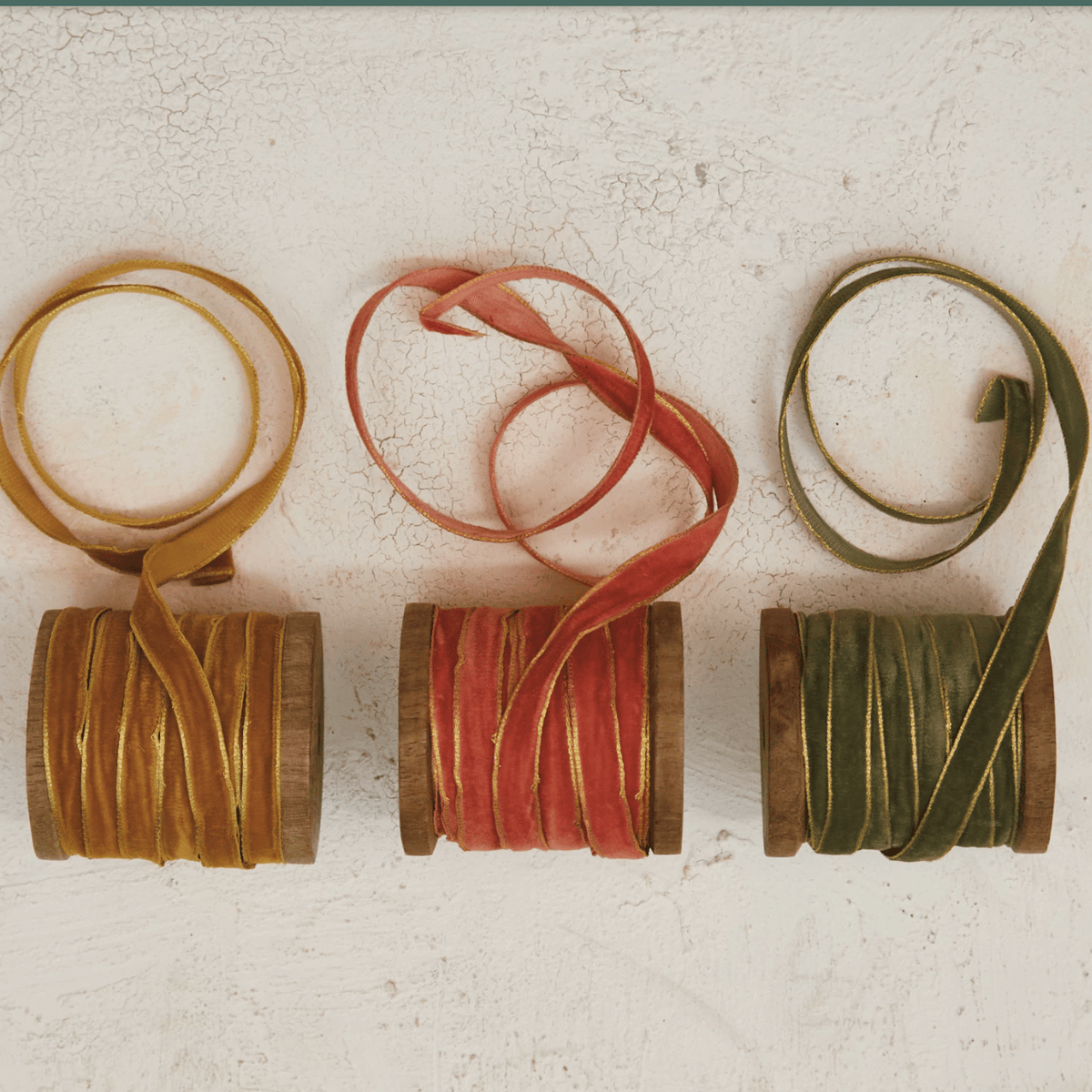 Velvet ribbon with metallic edge in gold, coral, and green—3 coiled spools