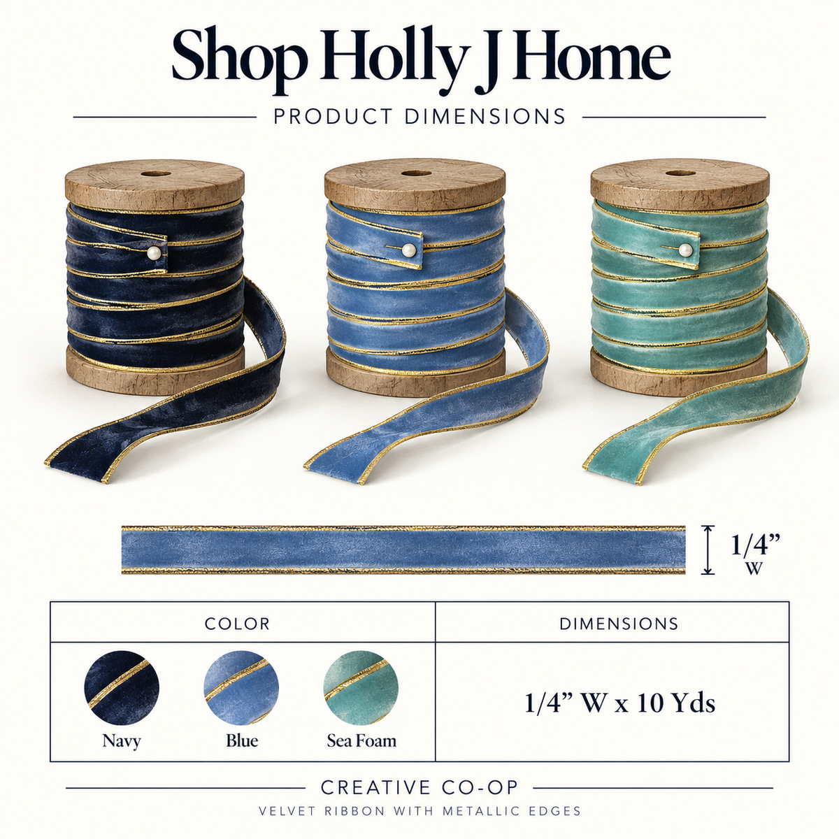 Velvet ribbon with metallic edge spools for navy, blue, and sea foam on wood