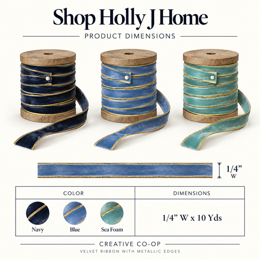Velvet ribbon with metallic edge spools for navy, blue, and sea foam on wood
