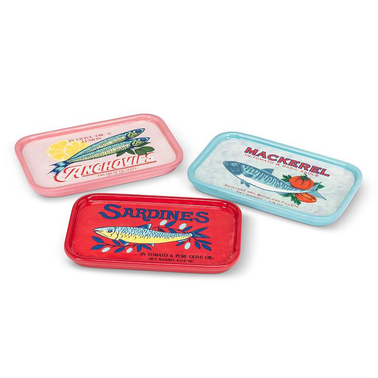 Set of three rectangular ceramic tin plates with sardines, anchovies, and mackerel labels