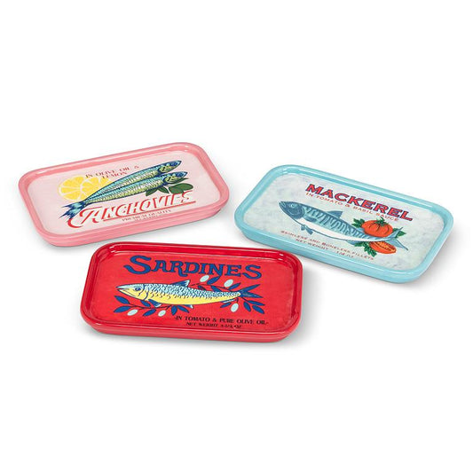 Set of three rectangular ceramic tin plates with sardines, anchovies, and mackerel labels
