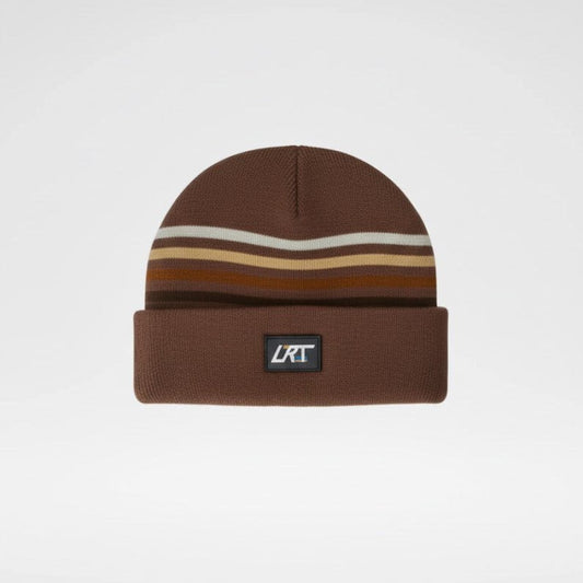Cocoa brown knit beanie with multicolor stripe band and small RT logo patch