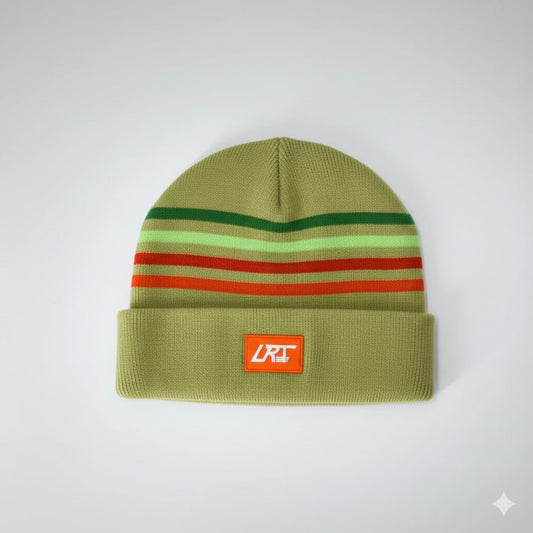 Green knit beanie with vintage multicolor stripe band and stitched LRT logo patch