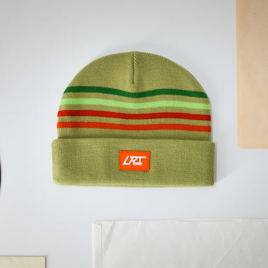 Mint-green ribbed beanie with horizontal striped cuff and LRT logo patch