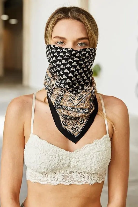 Vine motif bandana scarf, black with cream paisley border, face-cover style
