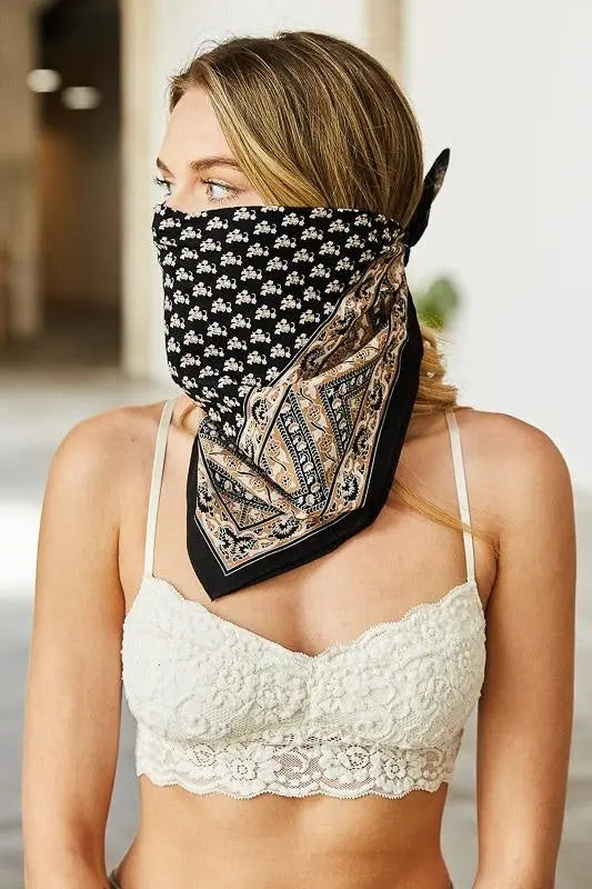 Vine motif bandana scarf, black with cream paisley pattern, face-cover style