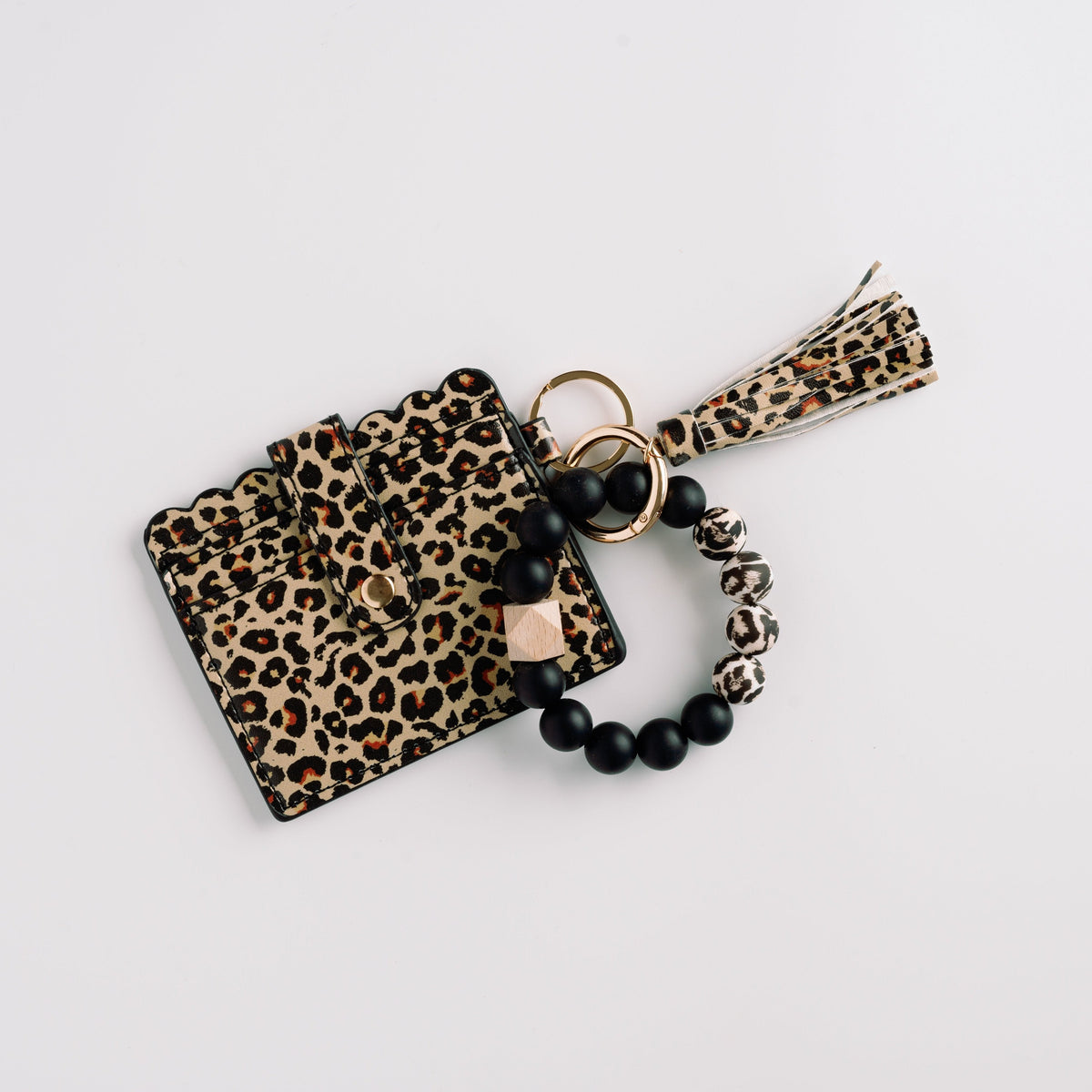 Leopard print wallet wristlet keychain with tassel, beaded strap, and gold key ring