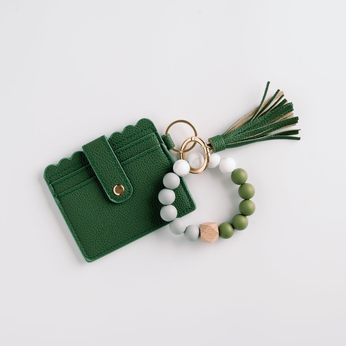 Forest green wallet wristlet keychain with tassel and white/green beaded ring