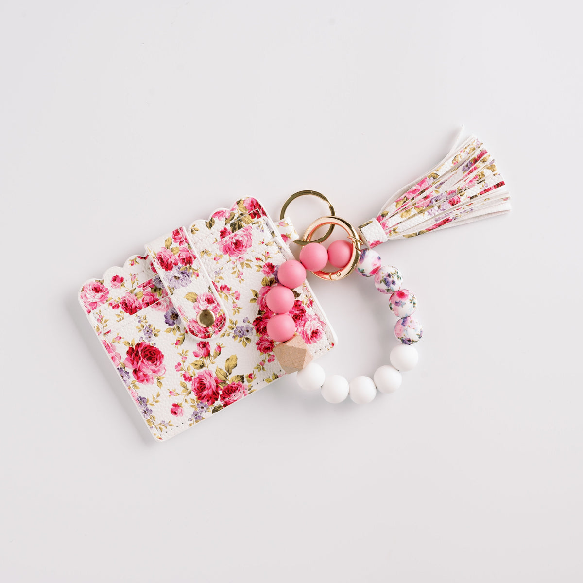 Floral wallet wristlet keychain with tassel and pink/white bead key ring
