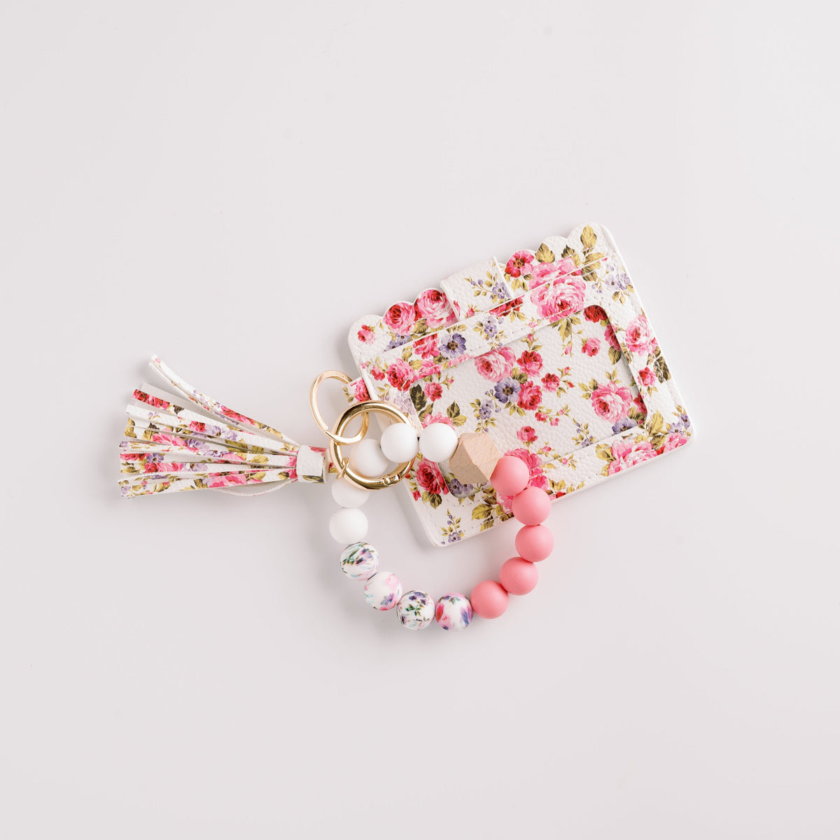 Floral wallet wristlet keychain with tassel and pink/white bead key ring