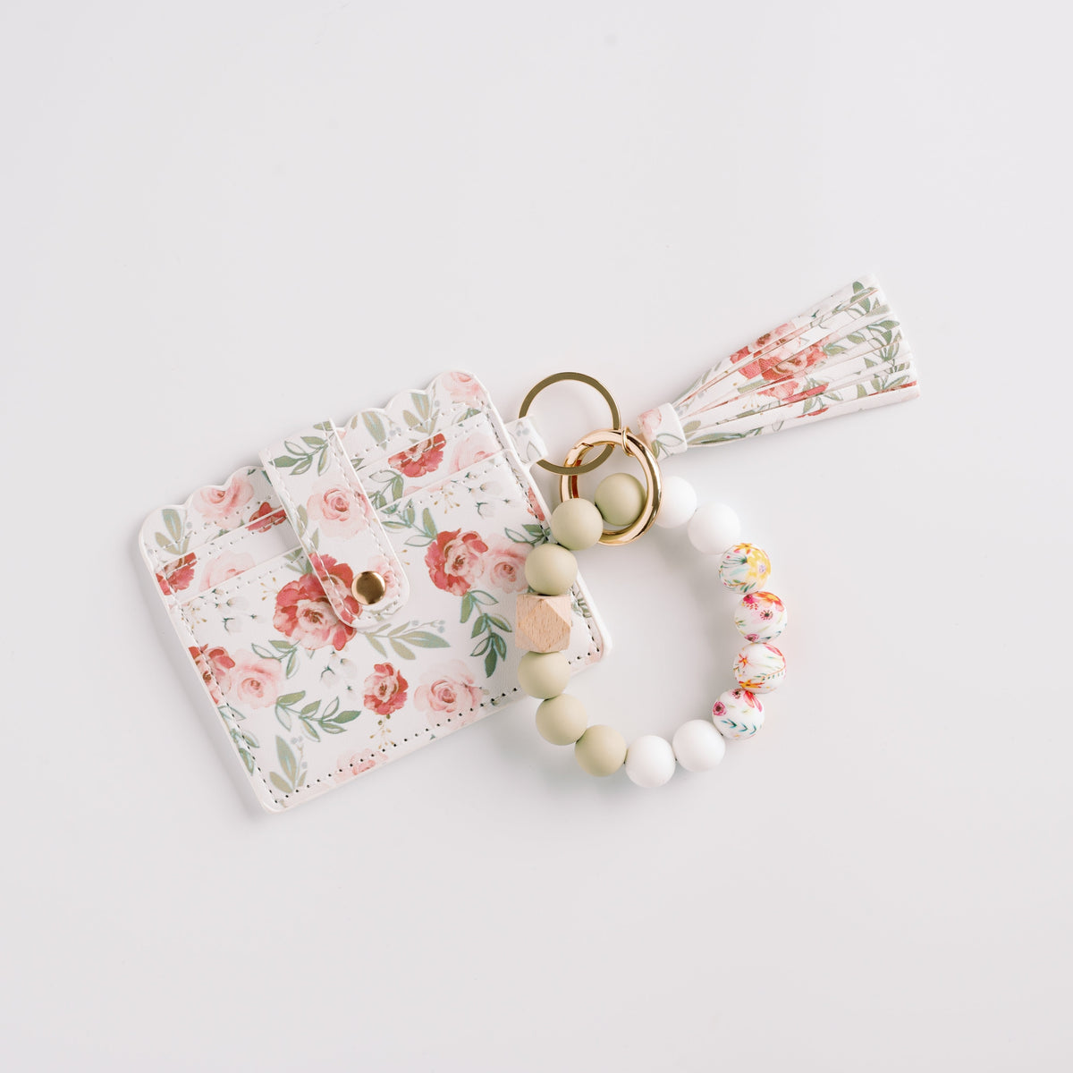 Floral wallet wristlet keychain with tassel and cream/pink bead key ring