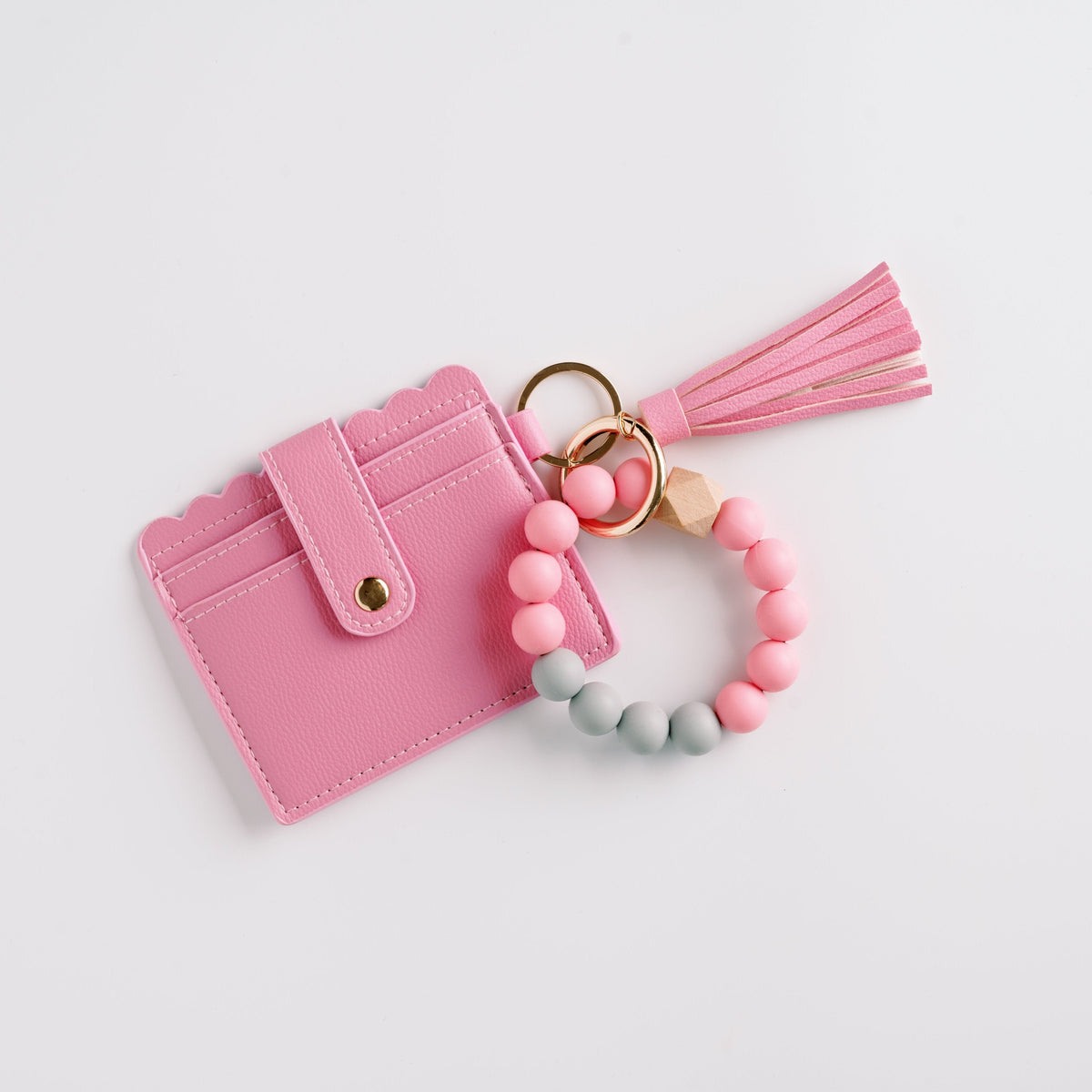 Pink wallet wristlet keychain with tassel and pink/gray bead key ring
