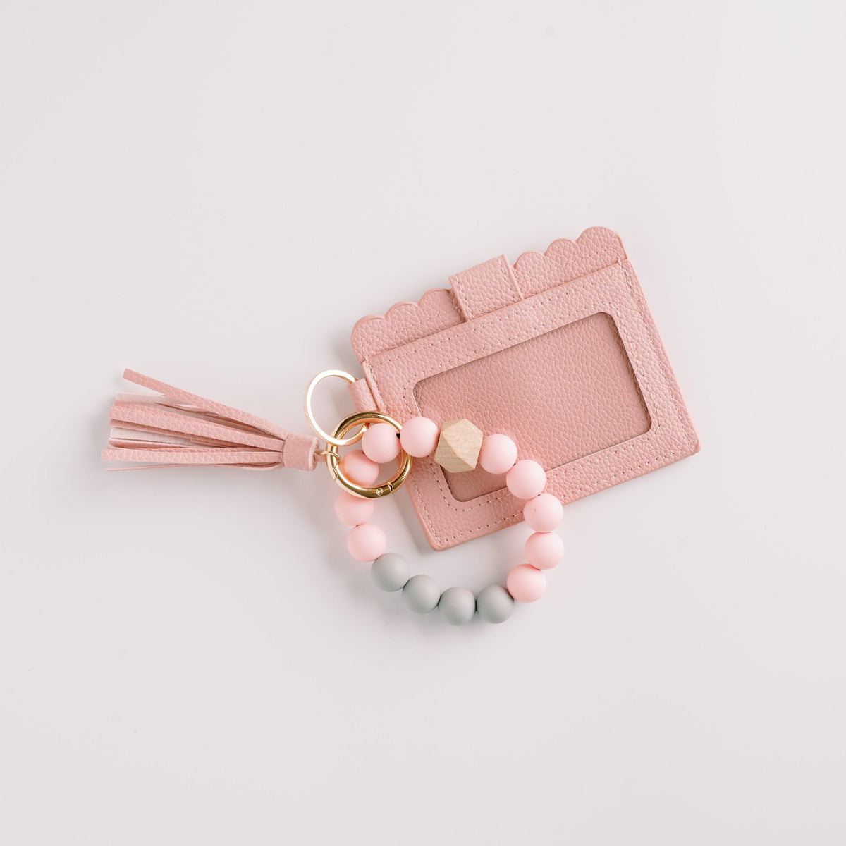 Blush pink wallet wristlet keychain with tassel and round bead key ring