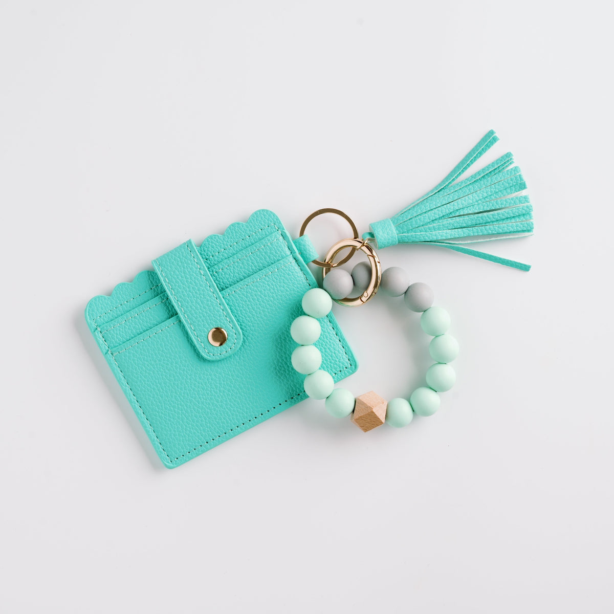 Teal wallet wristlet keychain with tassel and mint/gray beaded key ring