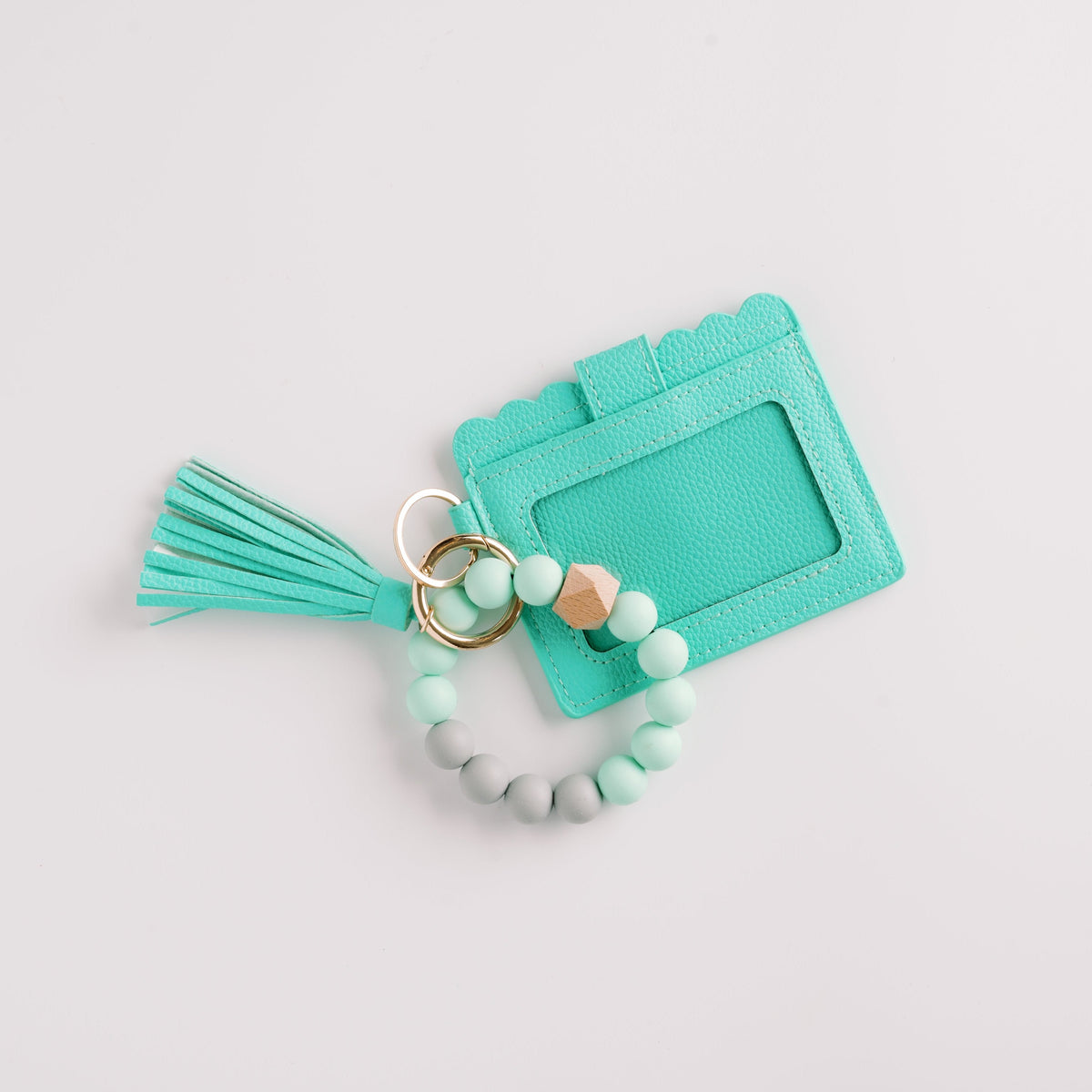 Aqua teal wallet wristlet keychain with tassel and mint bead key ring