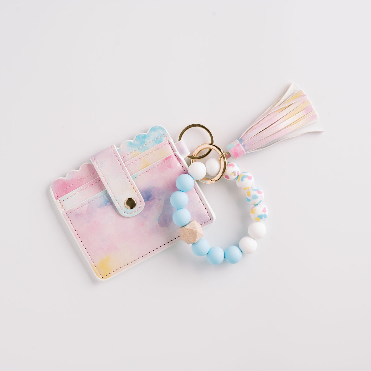Pastel multicolor wallet wristlet keychain with tassel, beaded strap, and gold key ring