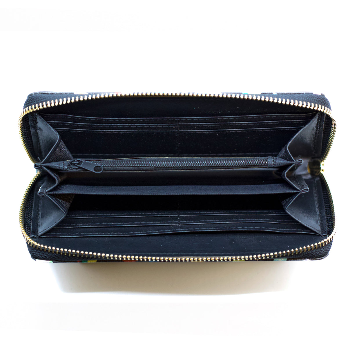 Open zipper wallet interior with multiple card slots and dark fabric lining.
