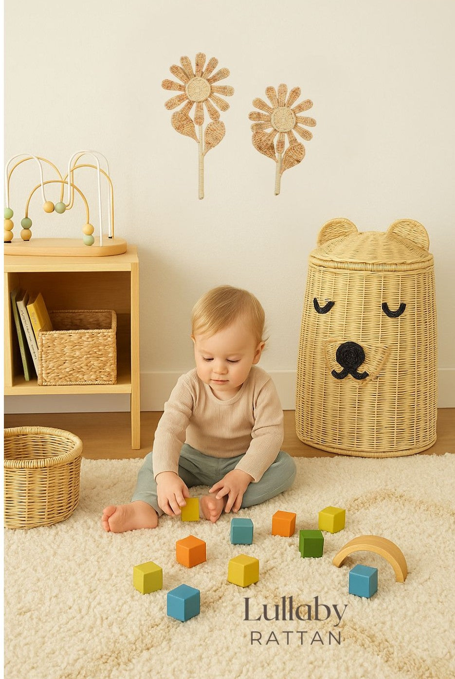 Pair of woven rattan flower stems mounted on a nursery wall