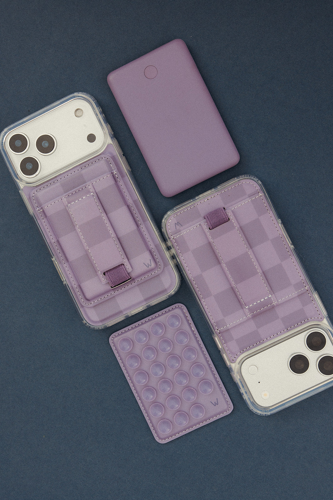 Lavender magnetic phone wallet with card slots and snap-on phone back