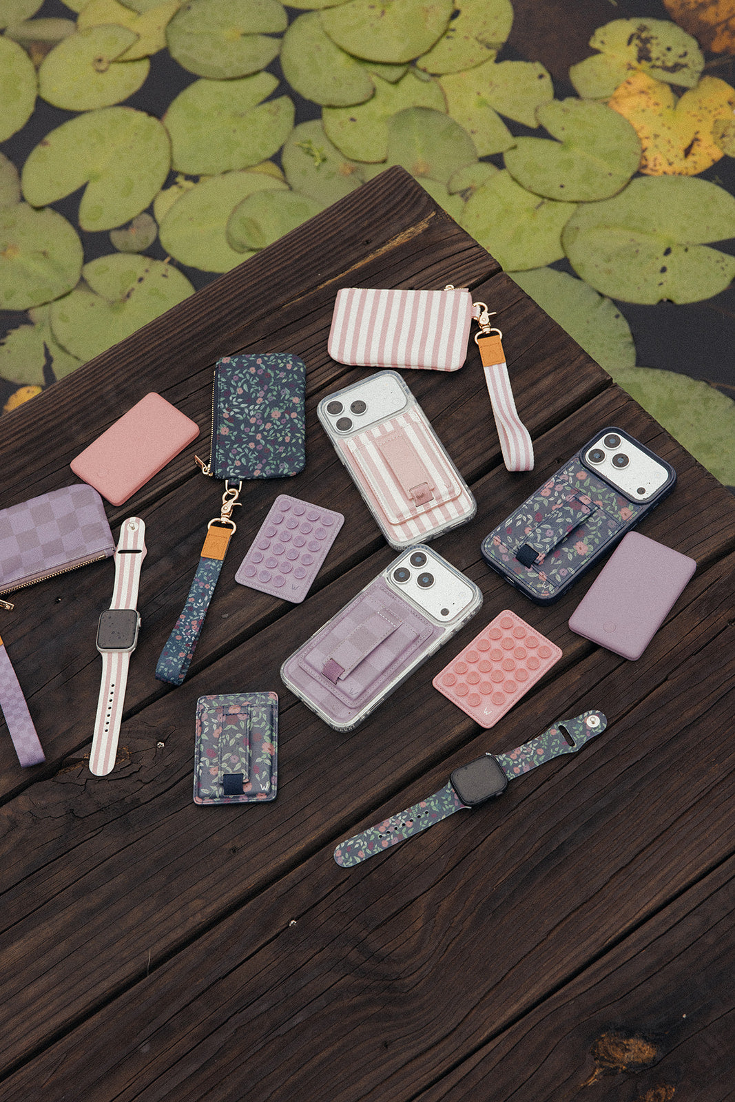 Purple checkered zipper pouches laid on a wooden tabletop