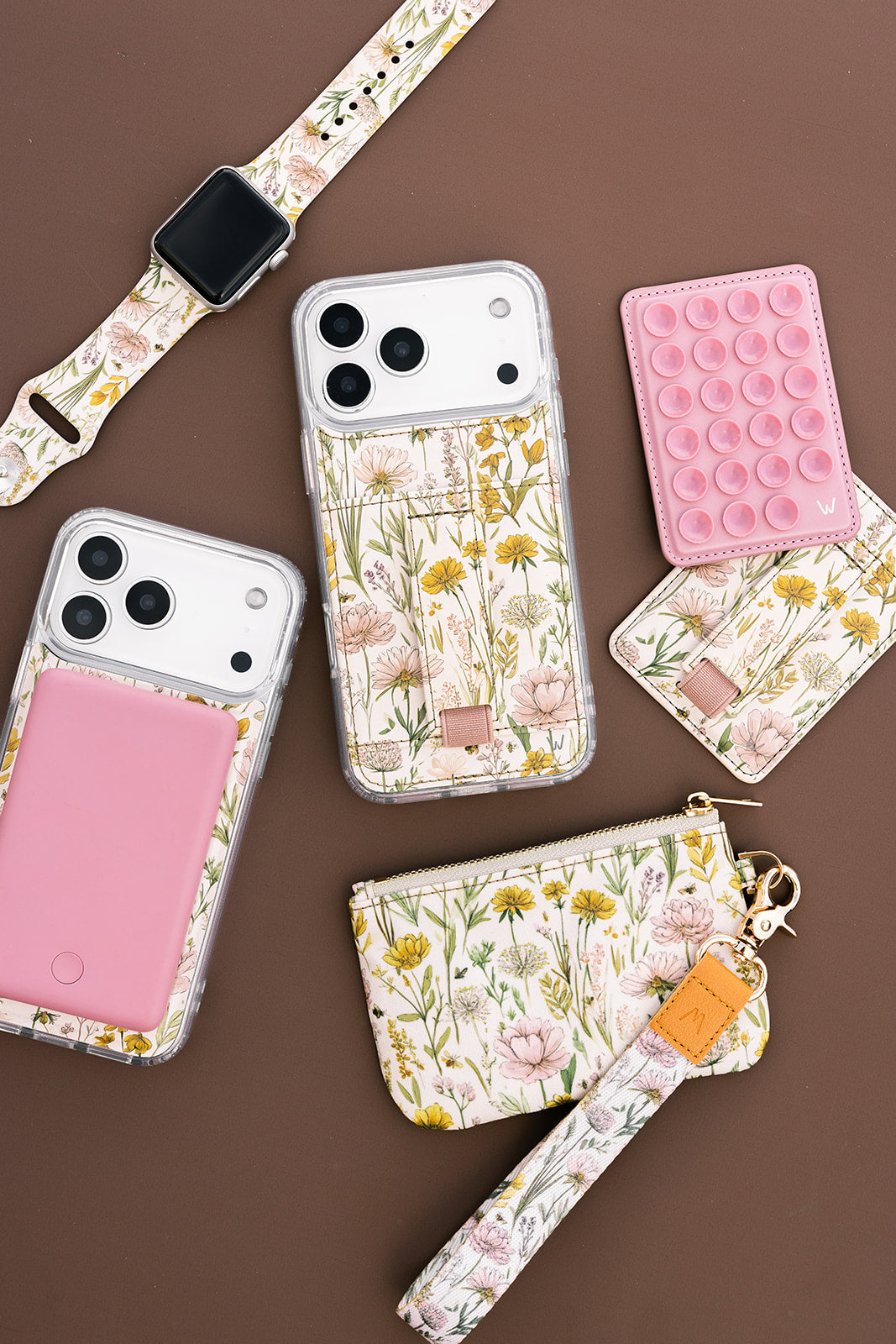 Set of floral zipper pouches with leather charm and phone-card slot, multiple colors