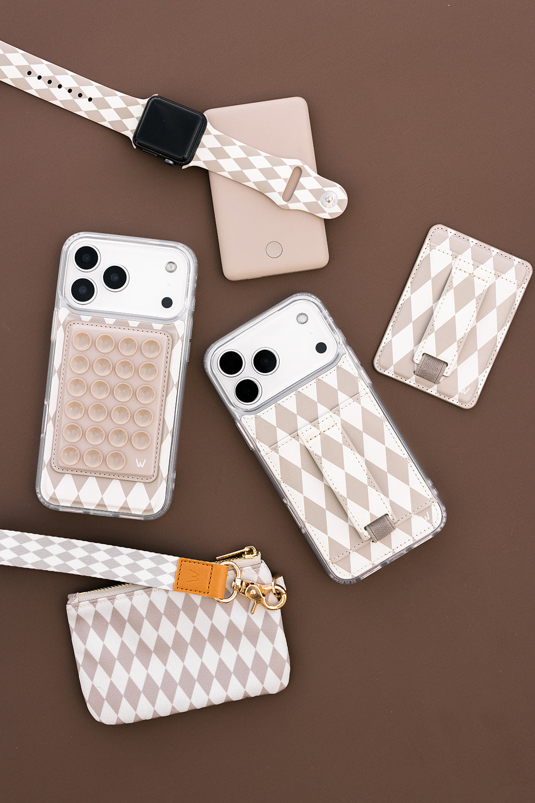 Diamond zip pouch with wrist strap, light gray and white, among matching items