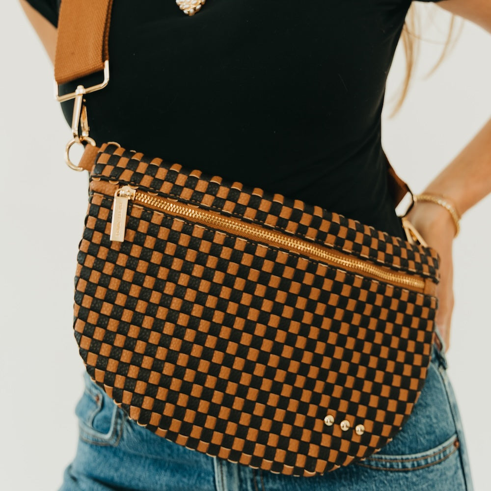 Brown-and-black checkered woven bum bag with front zipper and adjustable strap
