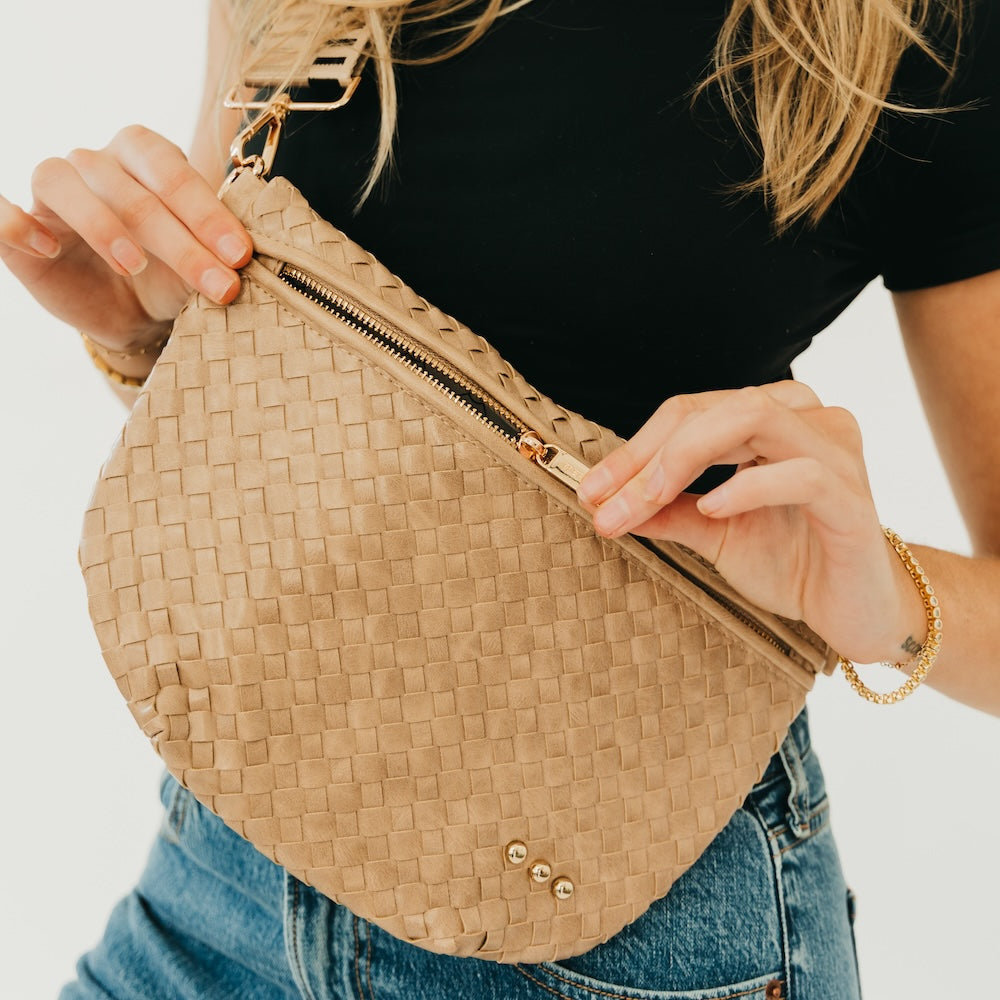 Tan woven bum bag with zipper and adjustable strap
