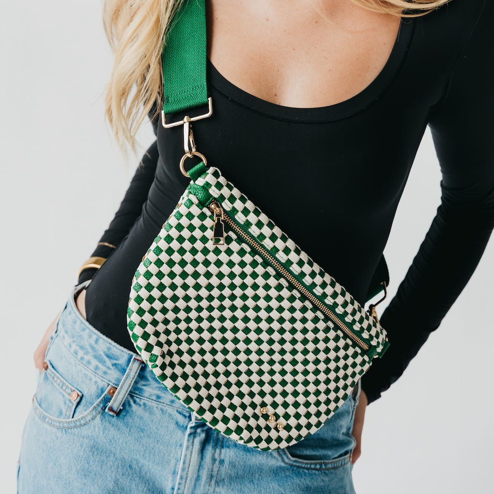 Woven bum bag with green-and-white check pattern, gold hardware, front zip pocket.