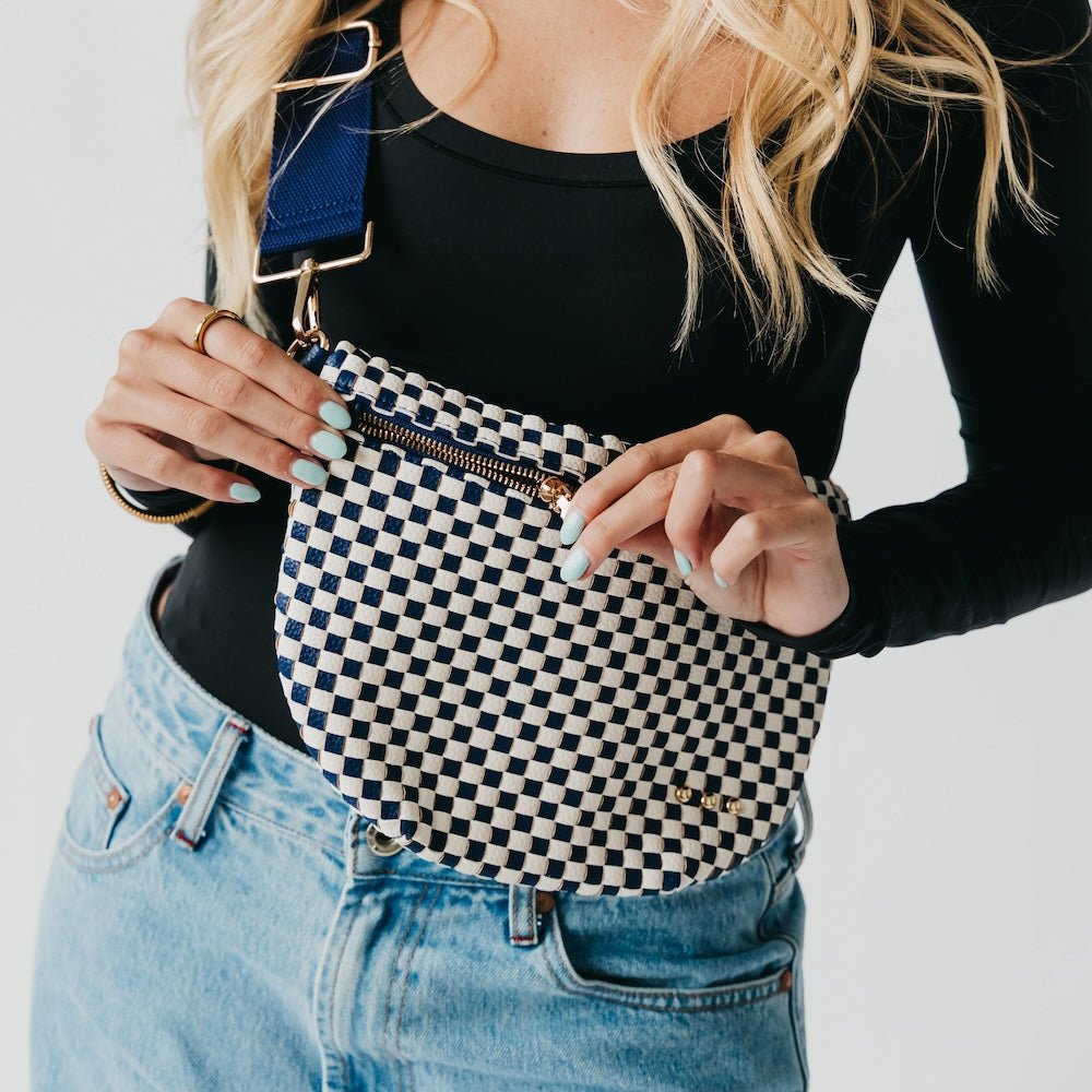 Westlyn woven bum bag, blue-and-cream checkered with gold zipper and crossbody strap