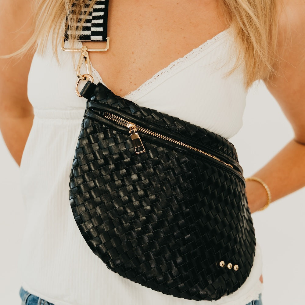 Black woven bum bag with zipper and metal hardware