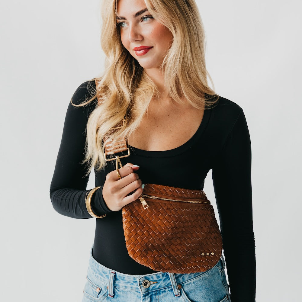 Westlyn woven bum bag in warm brown woven checkers with gold zipper and hardware