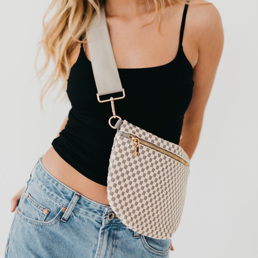 Westlyn woven bum bag in light gray checker pattern with adjustable crossbody strap