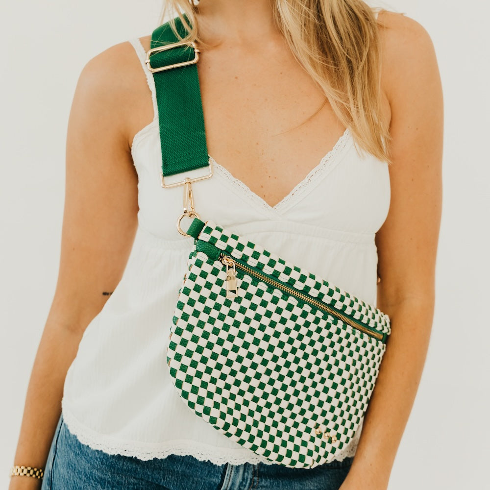Westlyn woven bum bag, green-and-cream checkered with gold zipper and webbing strap