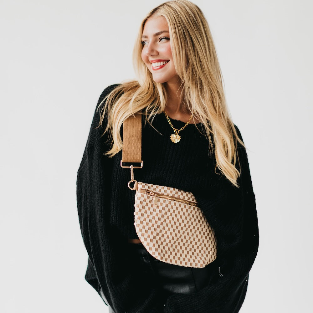 Westlyn woven bum bag with checker pattern, black strap and top handle ring