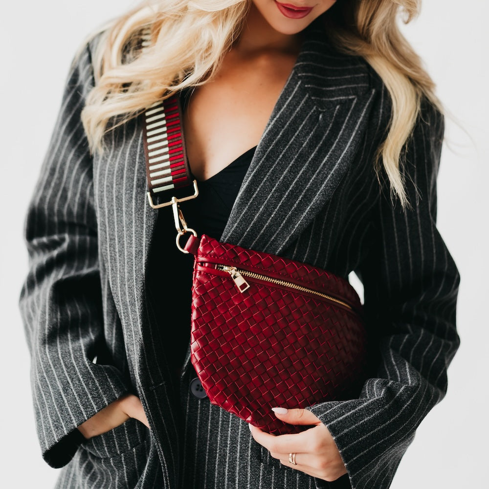 Westlyn woven bum bag, red woven texture with gold zipper and adjustable strap