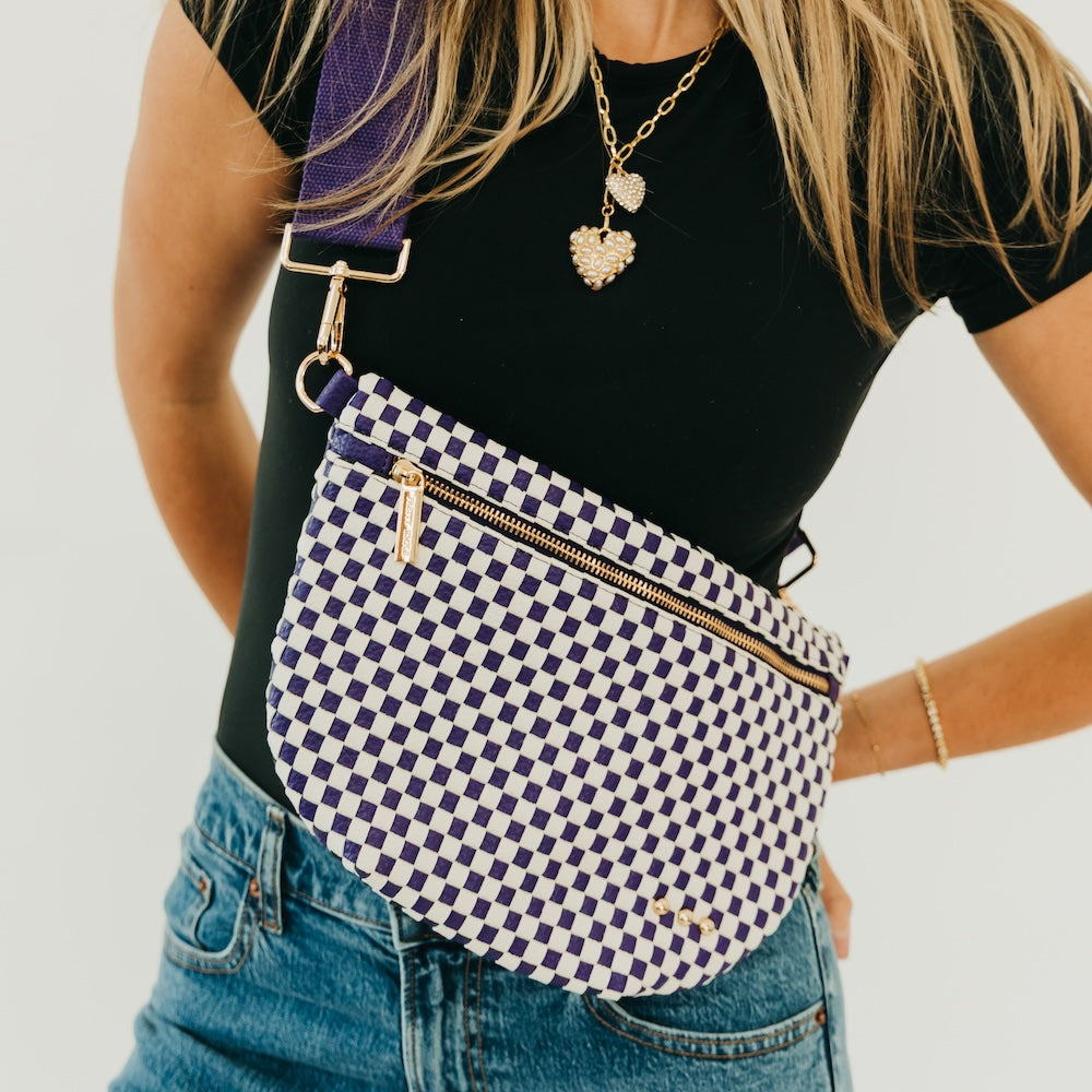 Purple-and-white checkered woven bum bag with front zipper and adjustable strap